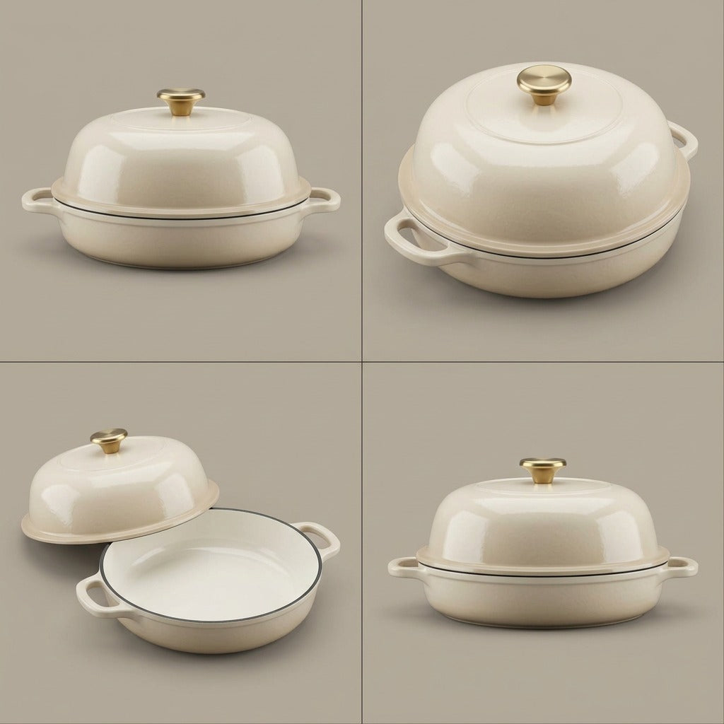 Tramontina 9.5-inch Enamel Cast Iron Bread Oven in Latte, displayed at four angles including open.
