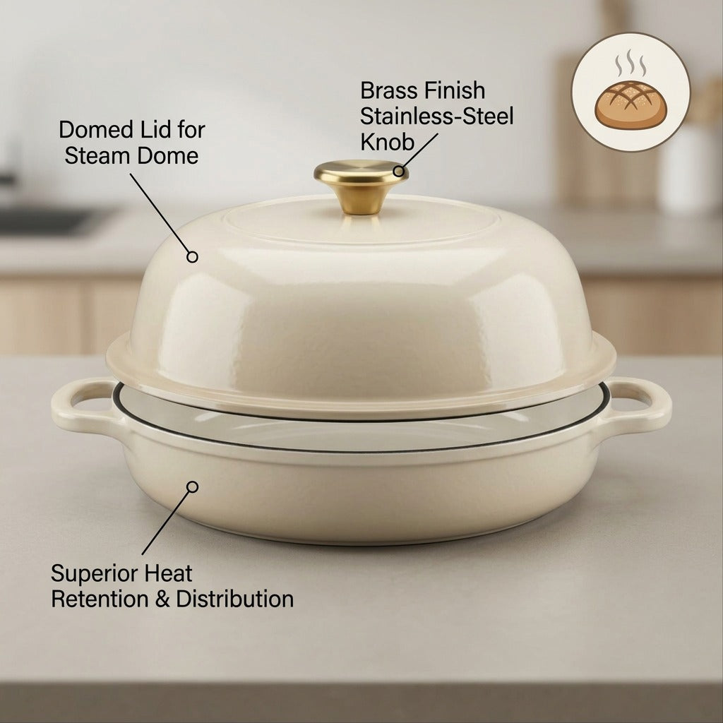 Tramontina 9.5 inch enamel cast iron bread oven in Latte with brass knob and feature callout labels.
