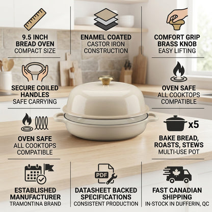 Infographic for Tramontina 9.5 inch Enamel Cast Iron Bread Oven in Latte with key product features.
