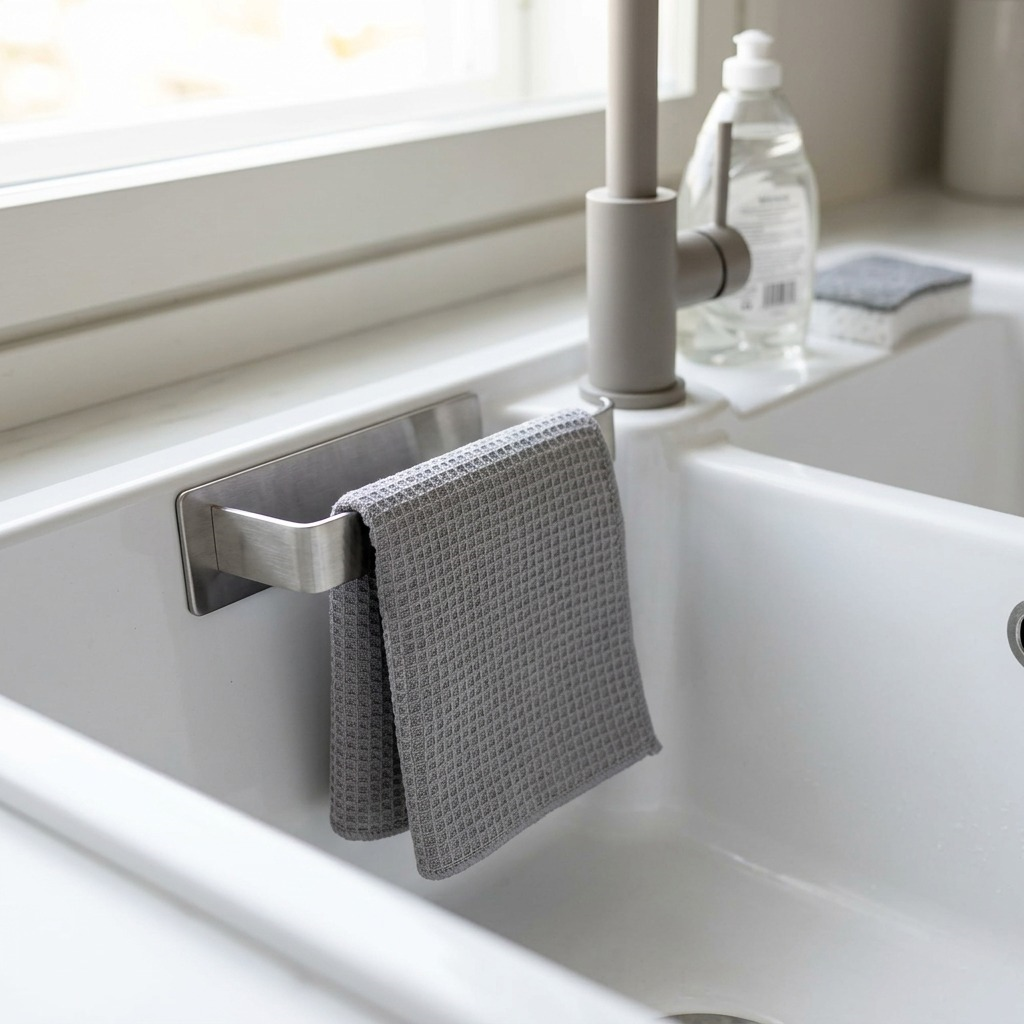 Happy Sinks Magnetic Dishcloth Holder stainless steel rail side profile view on white background