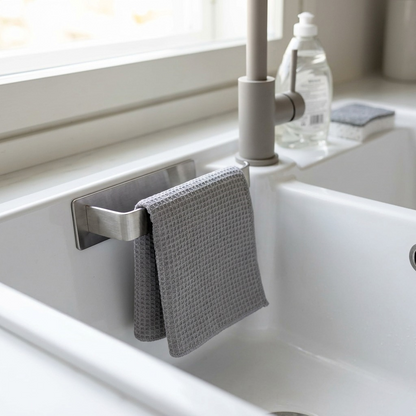 Happy Sinks Magnetic Dishcloth Holder stainless steel rail side profile view on white background