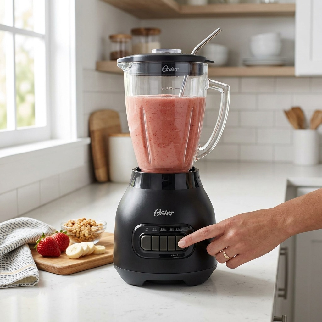 Oster Easy-to-Clean 700W Blender in Black – hand pressing control button with fresh strawberry smoothie in 6-cup glass jar, bright kitchen setting