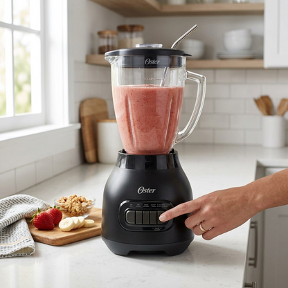 Oster Easy-to-Clean 700W Blender in Black – hand pressing control button with fresh strawberry smoothie in 6-cup glass jar, bright kitchen setting
