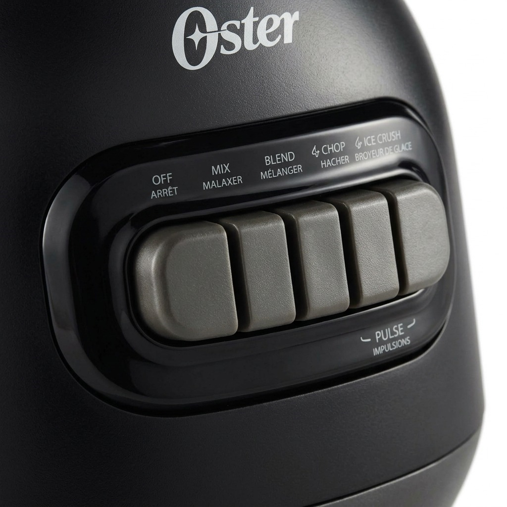 Close-up of Oster Easy-to-Clean Blender Black control panel showing bilingual buttons: Off/Arrêt, Mix/Malaxer, Blend/Mélanger, Chop/Hacher, Ice Crush/Broyeur de Glace, and Pulse/Impulsions