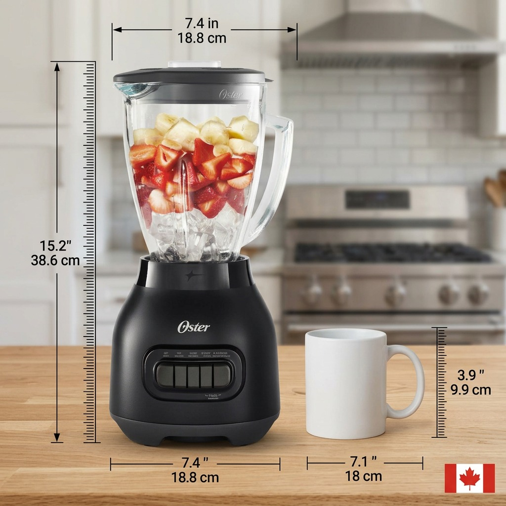 Oster Easy-to-Clean 700W Blender in Black – dimension infographic showing 15.2" height and 7.4" width with coffee mug for scale, Canadian flag, kitchen background