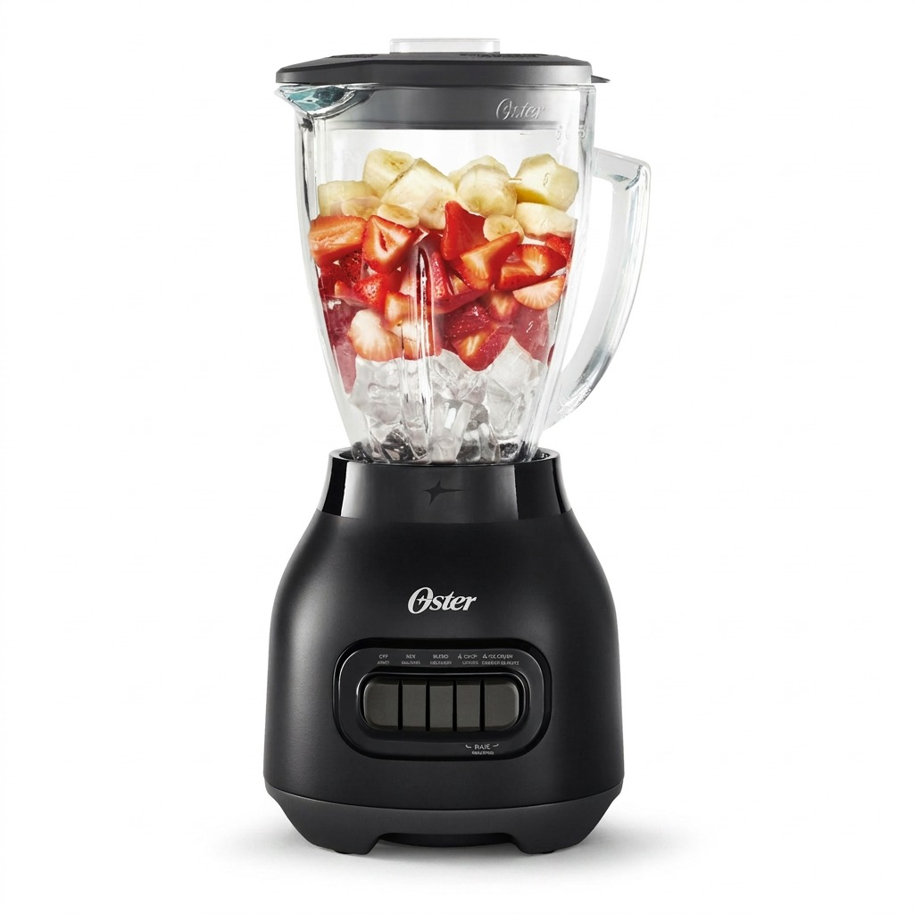 Oster Easy-to-Clean 700W Blender in Black – front view on white background with strawberries and banana chunks in 6-cup glass jar