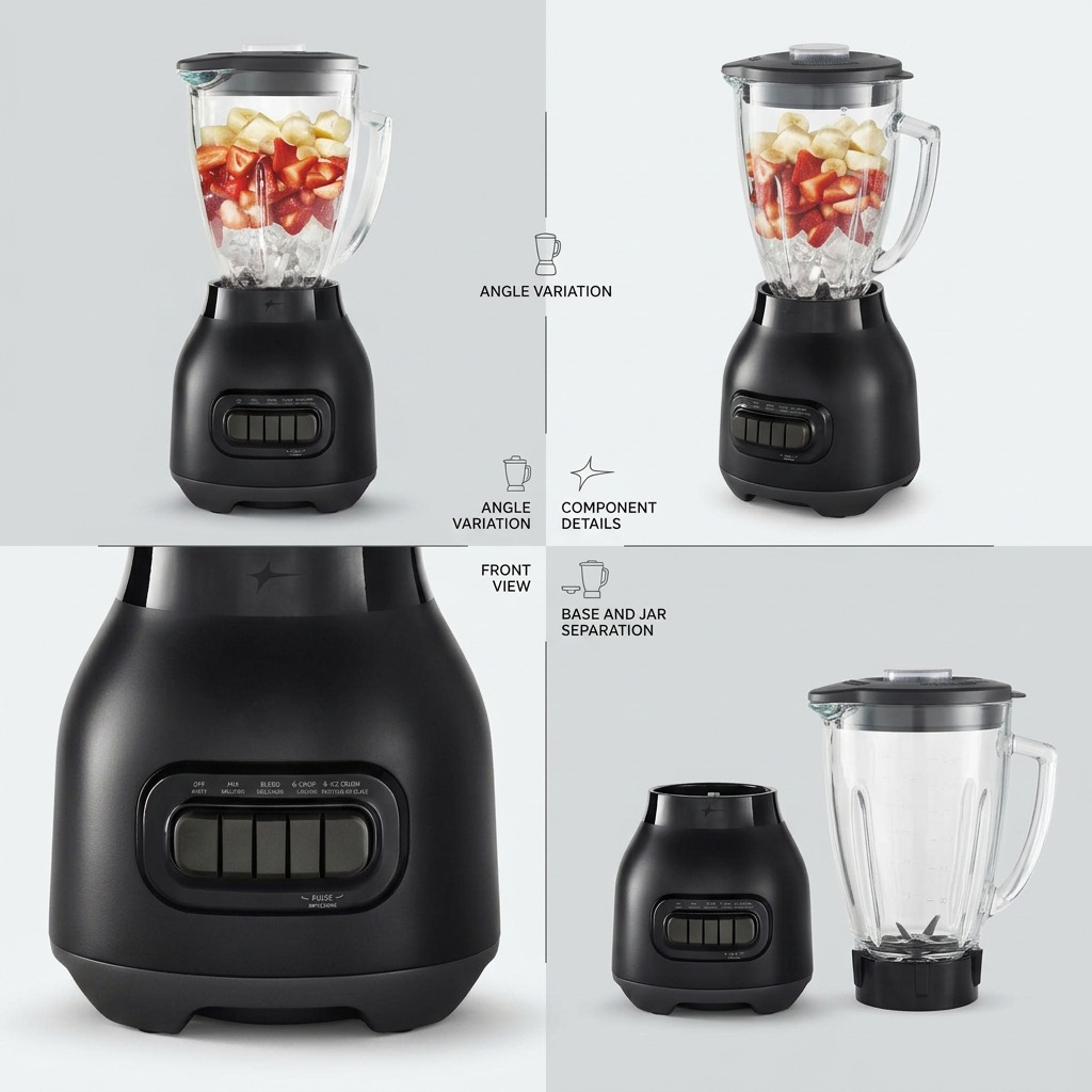 Oster Easy-to-Clean 700W Blender in Black – four-panel view showing angle variations, front view, control panel close-up, and base separated from 6-cup glass jar
