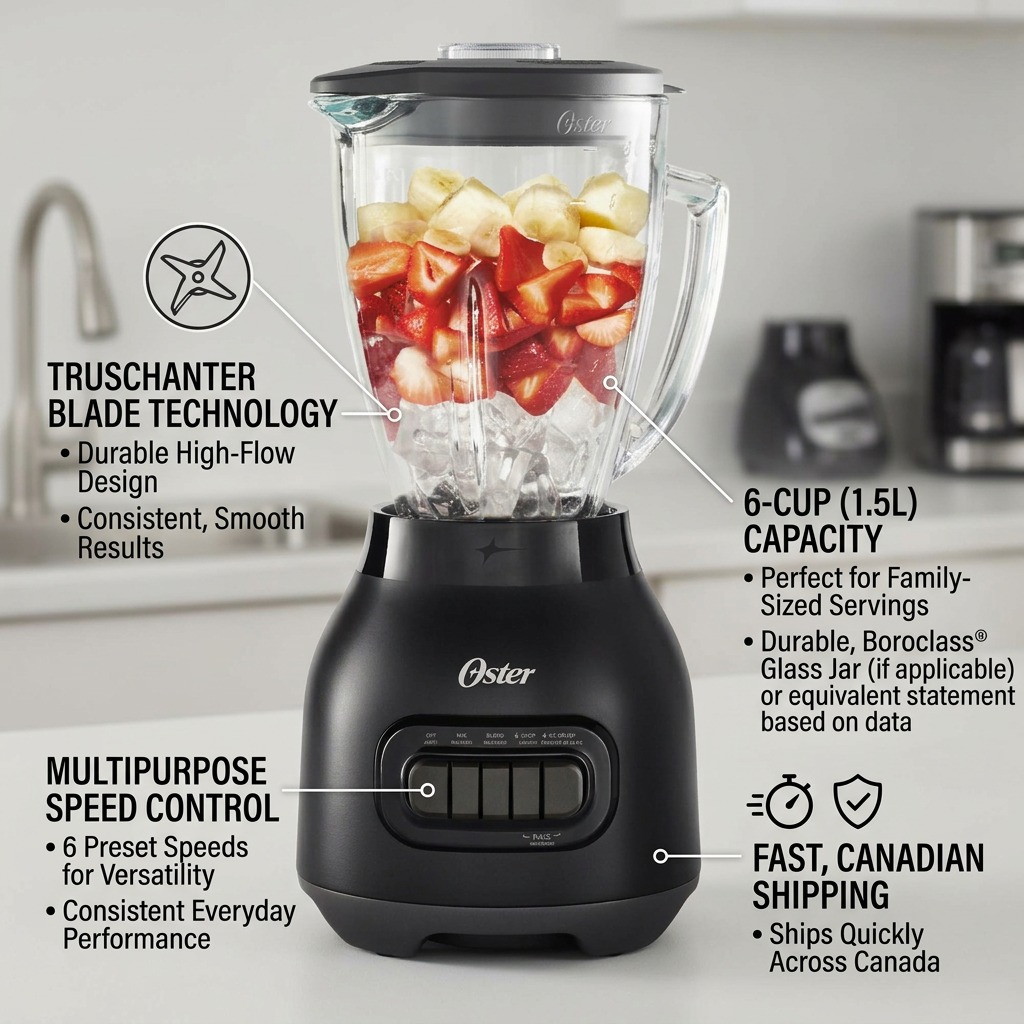 Oster Easy-to-Clean 700W Blender in Black – feature callout infographic highlighting Truschanter Blade Technology, 6-Cup 1.5L Boroclass glass jar capacity, multipurpose 6-speed control, and fast Canadian shipping
