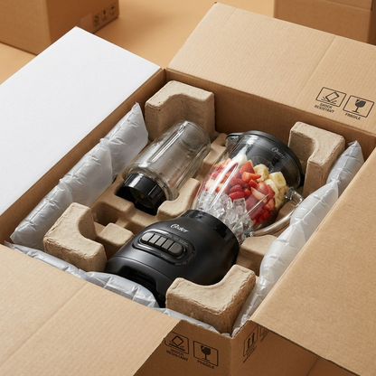 Oster Easy-to-Clean 700W Blender in Black – unboxing shot showing blender base, glass jar with fresh fruit, and accessories nestled in protective cardboard packaging
