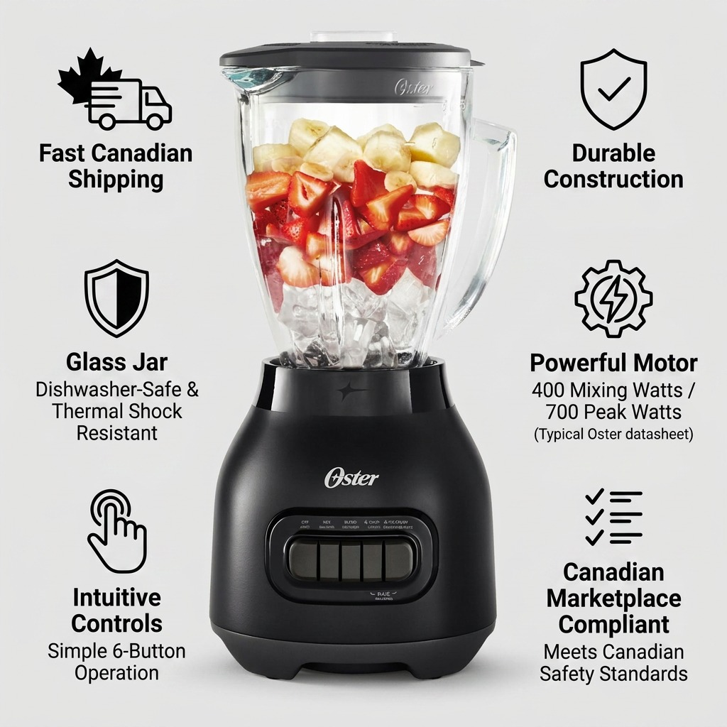 Oster Easy-to-Clean 700W Blender in Black – feature callout infographic highlighting glass jar (dishwasher-safe & thermal shock resistant), 700W powerful motor, intuitive controls, durable construction, and Canadian marketplace compliance