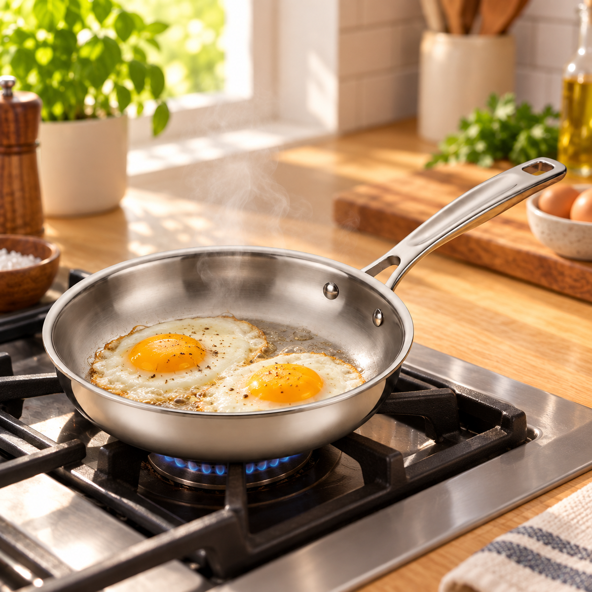 Two eggs frying in a Tramontina Signature Tri-Ply 8 inch stainless steel fry pan on a gas stovetop