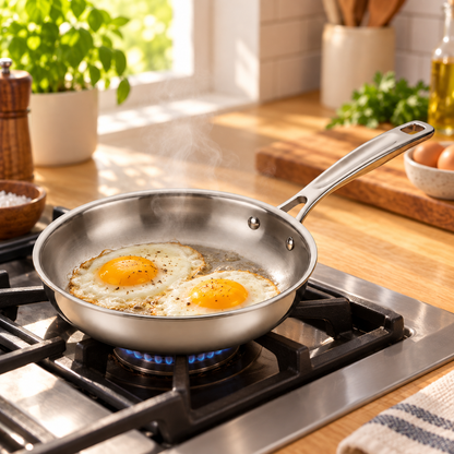 Two eggs frying in a Tramontina Signature Tri-Ply 8 inch stainless steel fry pan on a gas stovetop