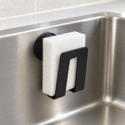 Porte-éponge magnétique noir Happy Sinks fixé à l'intérieur d'un évier en acier inoxydable, tenant une éponge blanche