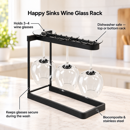 Support à verres à vin Happy Sinks anthracite tenant trois verres à vin, avec caractéristiques indiquées