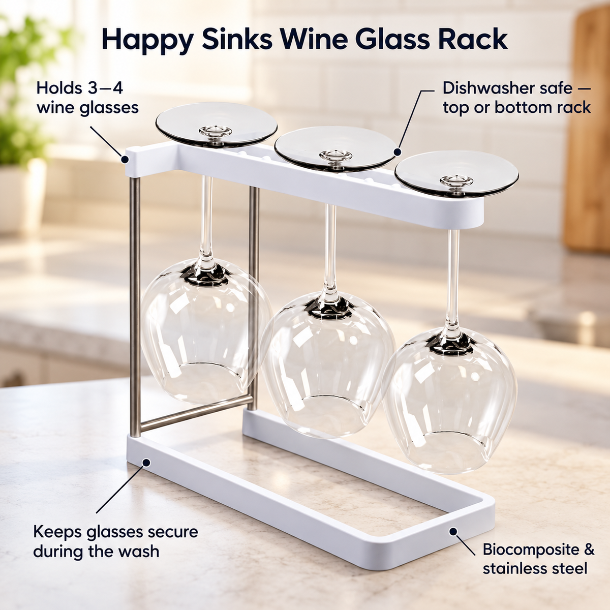 Support à verres à vin Happy Sinks blanc tenant trois verres à vin, avec caractéristiques indiquées