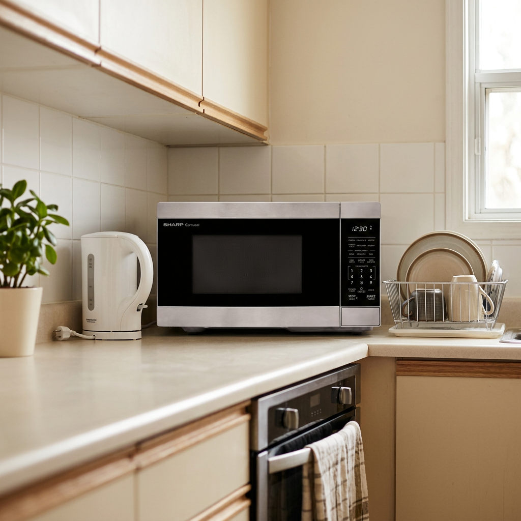 Micro-ondes compact Sharp SMC0762KSC sur un comptoir de cuisine étroit à côté d'une bouilloire, montrant son faible encombrement