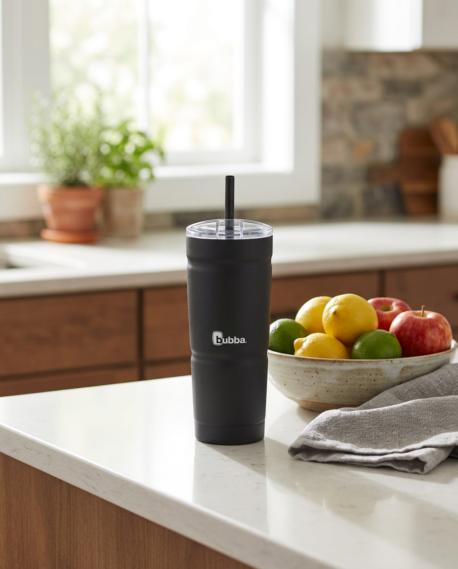 bubba Envy S 24oz Tumbler in Licorice on a kitchen island counter with straw