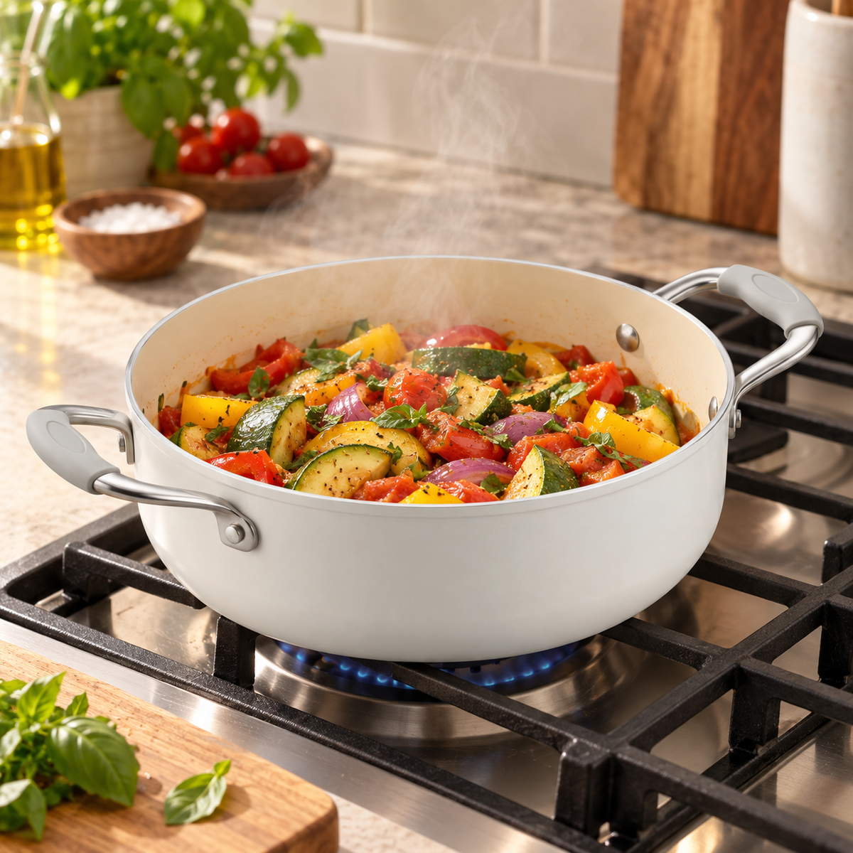 Vegetable ratatouille cooking in a Tramontina Fiora 4.25 quart multipurpose ceramic nonstick pan on a gas stovetop