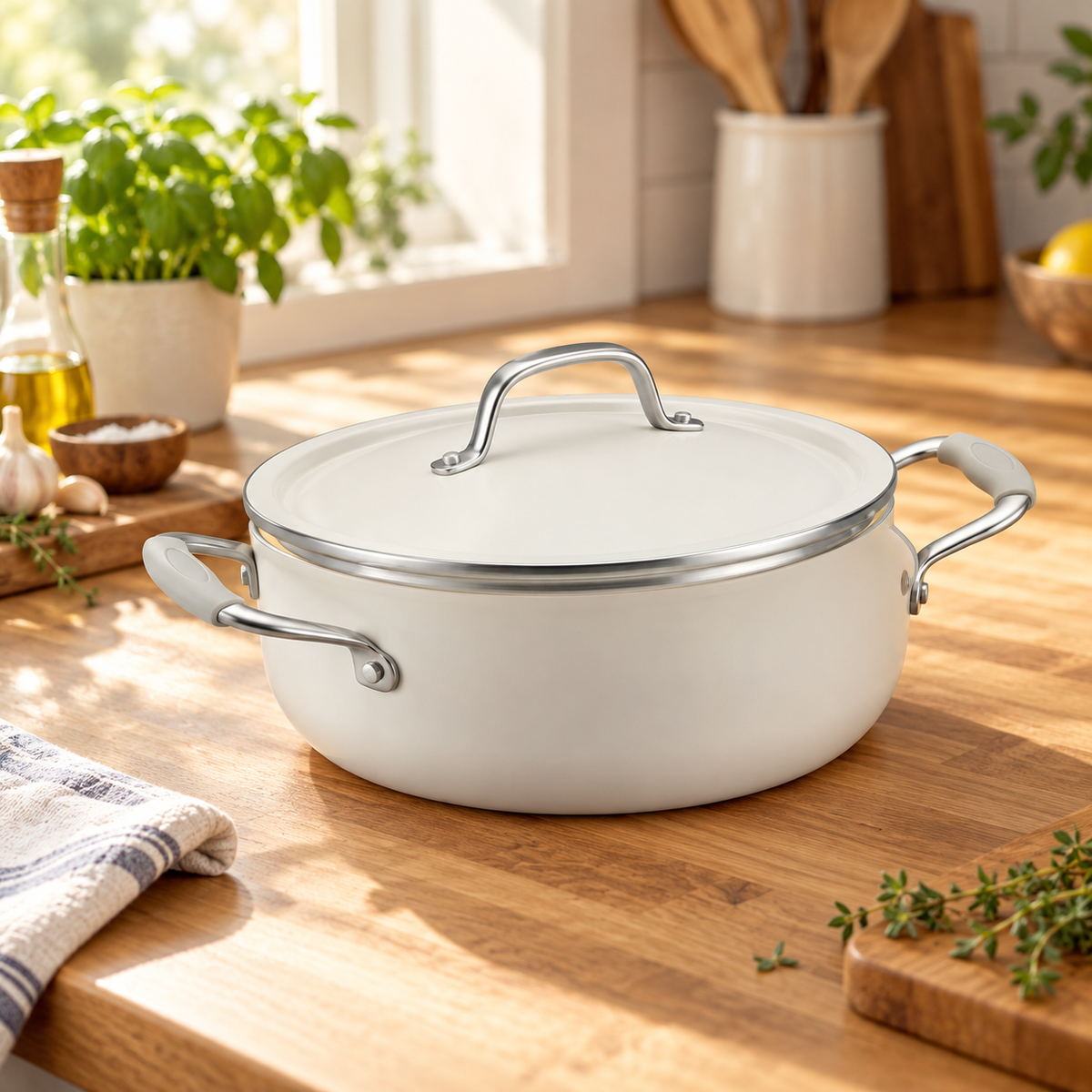 Tramontina Fiora 4.25 quart multipurpose ceramic nonstick pan with lid on a wood kitchen counter