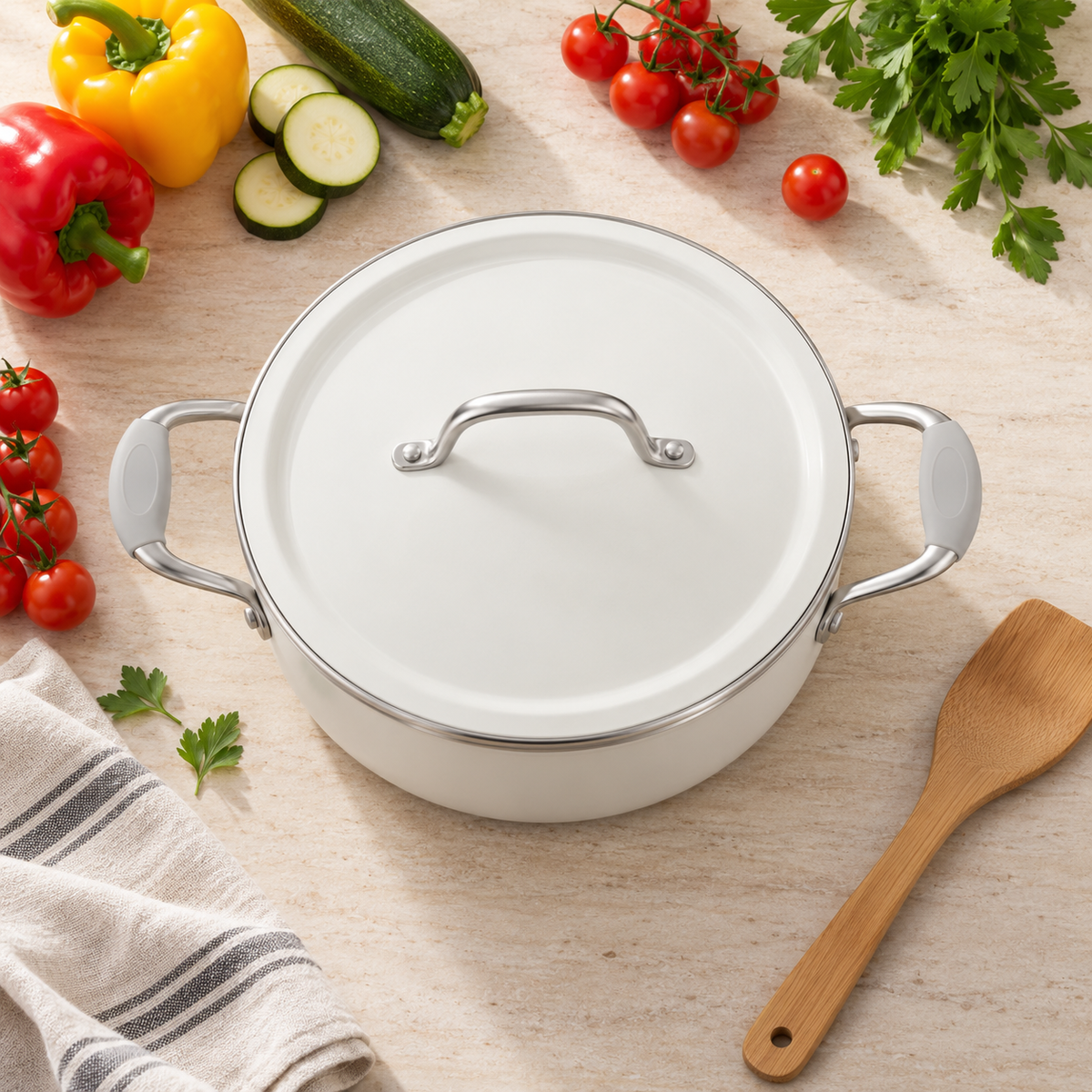 Overhead flat-lay of a Tramontina Fiora 4.25 quart multipurpose ceramic nonstick pan with peppers, zucchini and tomatoes