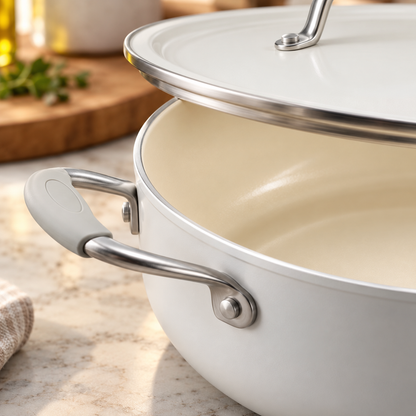 Close-up of the ceramic nonstick interior and handle on a Tramontina Fiora 4.25 quart multipurpose pan