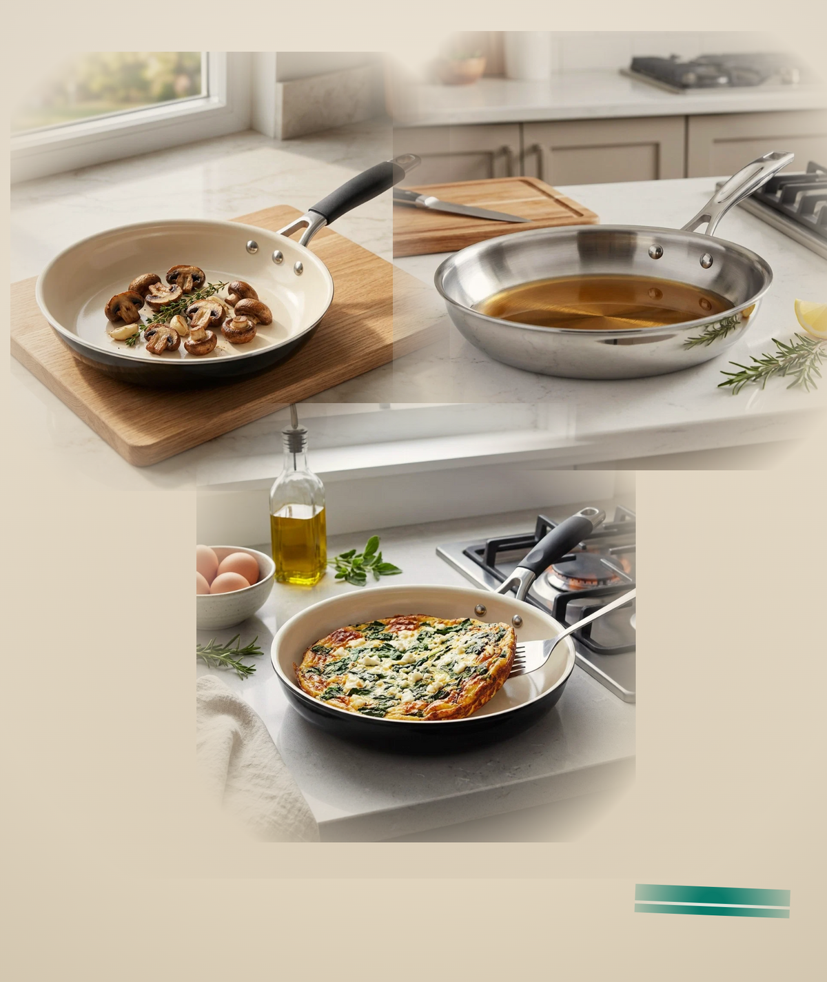 Tramontina 3-Piece Fry Pan Collection - three fry pans styled kitchen scene