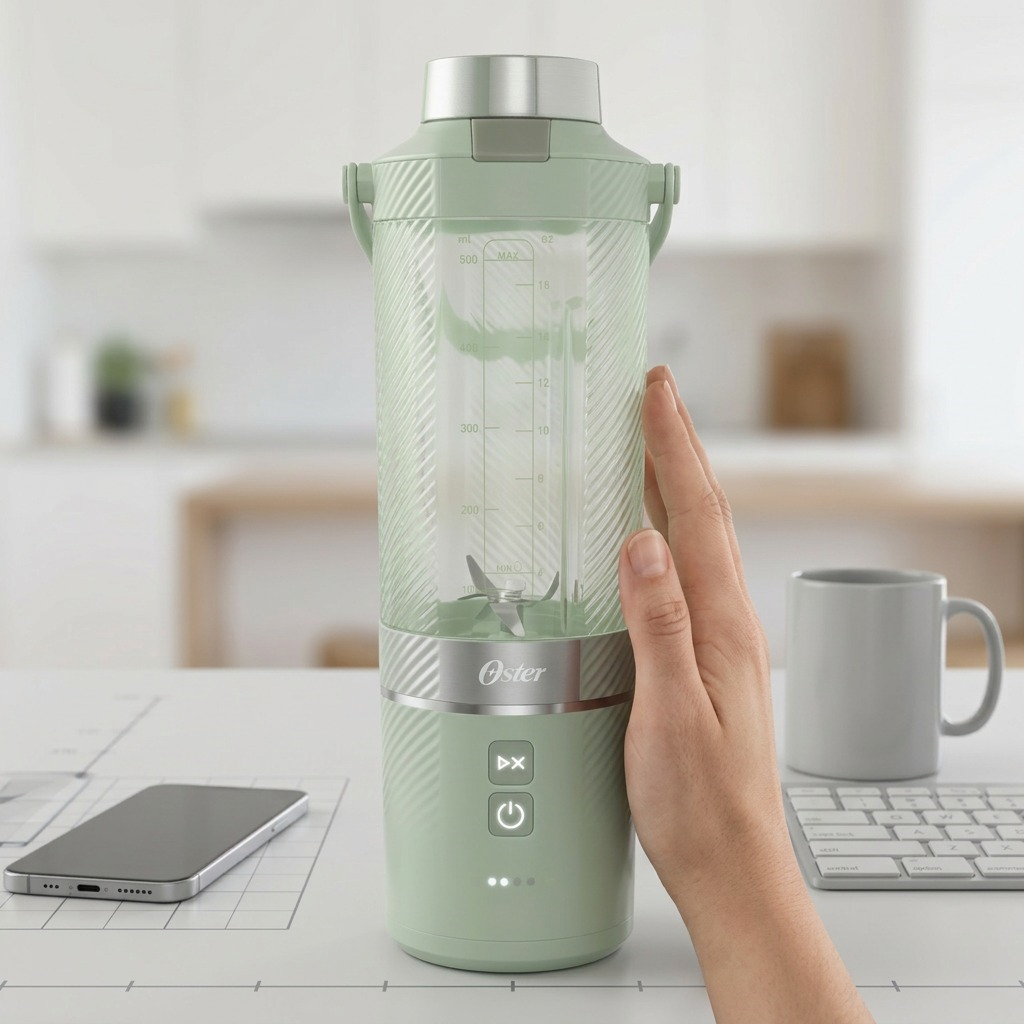Macro view of the Matcha Green Oster GoMAX portable blender base with backlit controls and USB-C port.