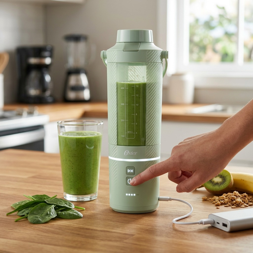 ter GoMAX Portable Cordless Blender in Matcha Green, 20 oz cordless USB-C personal blender, hero shot.