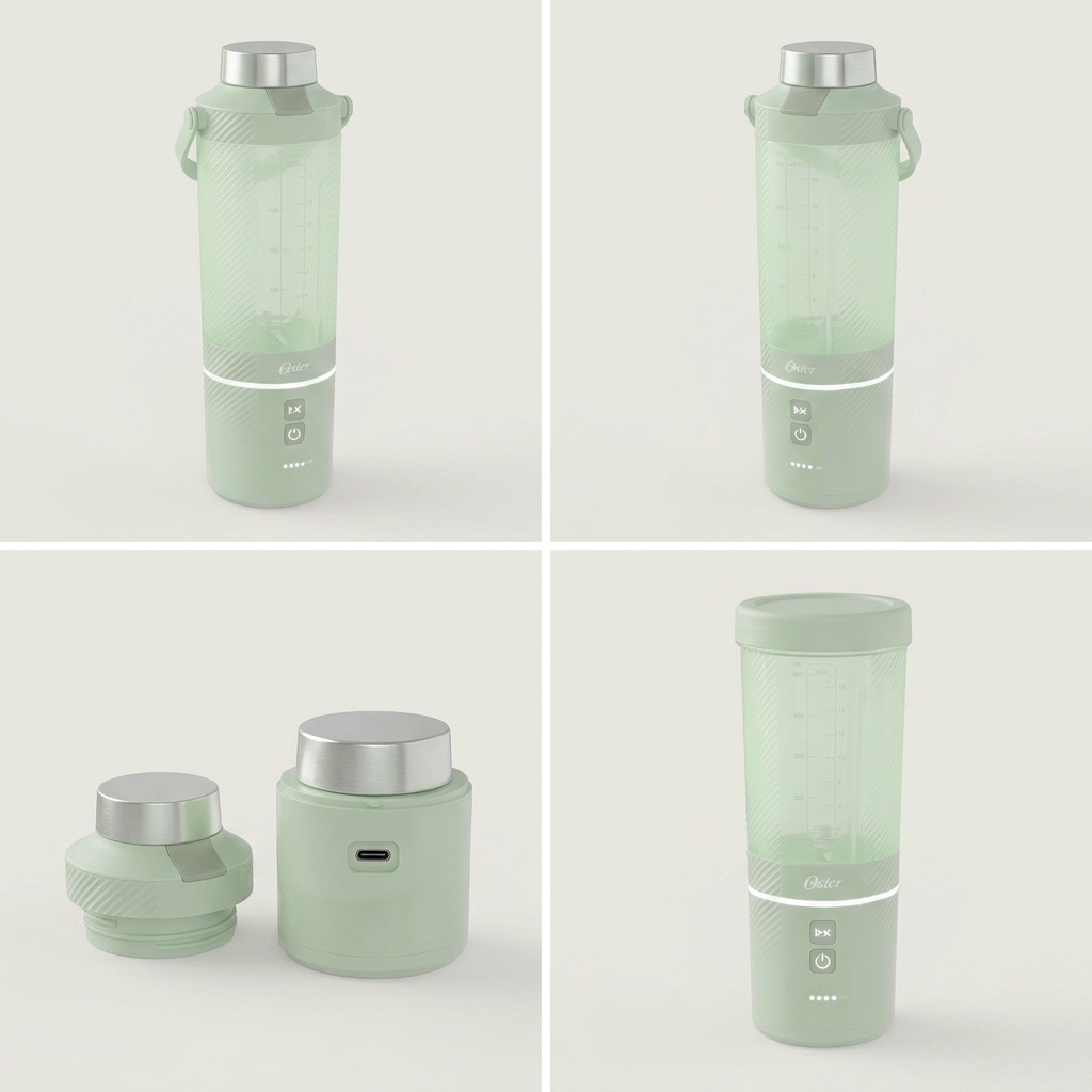 Matrix of the Matcha Green Oster GoMAX Portable Blender showing various angles and the USB-C port.