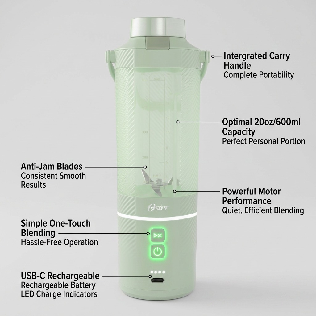 Matcha Green Oster GoMAX Portable Blender with feature callouts for 20oz jar, USB-C, and motor.