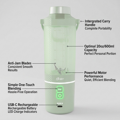 Matcha Green Oster GoMAX Portable Blender with feature callouts for 20oz jar, USB-C, and motor.
