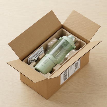 A matcha green Oster GoMAX Portable Blender inside a protective cardboard shipping box with USB-C cable.