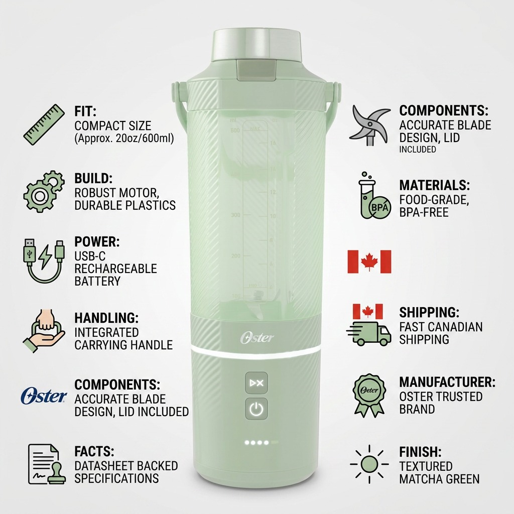 Infographic for Matcha Green Oster GoMAX Portable Blender highlighting USB-C power and BPA-free build