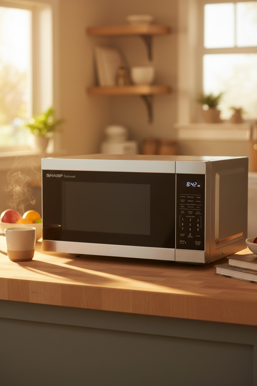 Sharp SMC1162KSC 1.1 cu ft Stainless Steel Carousel Countertop Microwave on a warm family kitchen or office break room counter