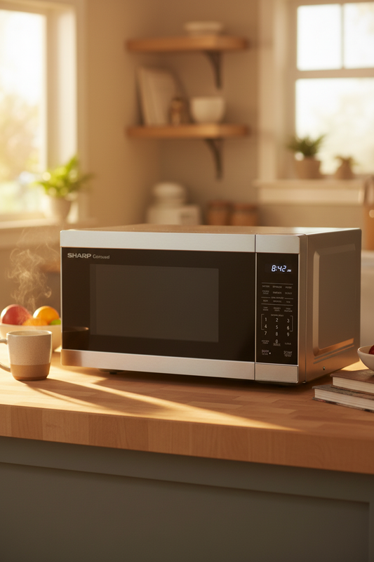 Sharp SMC1162KSC 1.1 cu ft Stainless Steel Carousel Countertop Microwave on a warm family kitchen or office break room counter