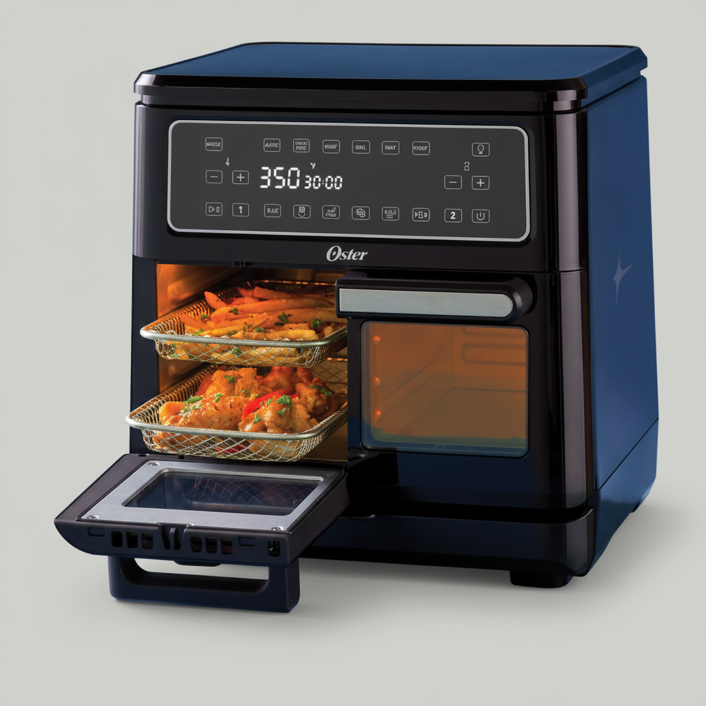 Oster 11-Quart Flex Air Fryer Oven - close-up of black front control panel on warm grey background