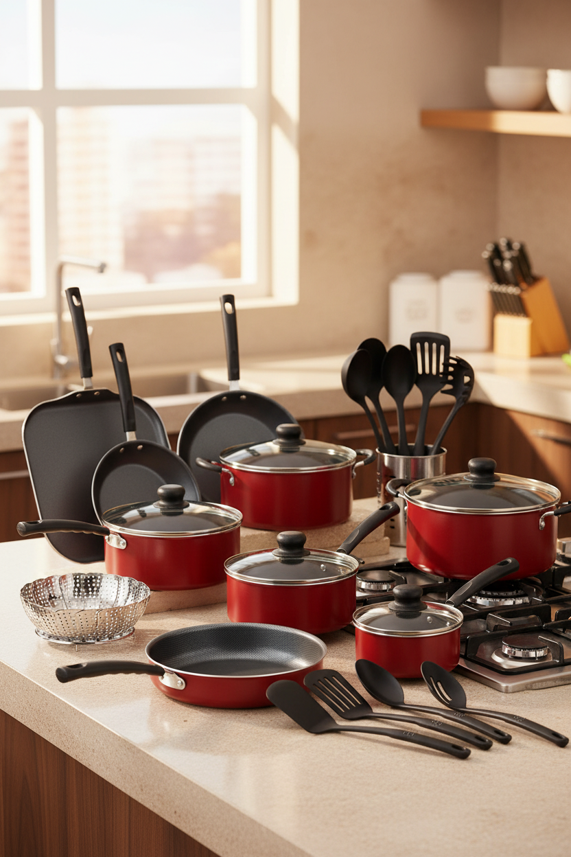 Tramontina PrimaWare 18-Piece Nonstick Cookware Set in Red on a warm family kitchen counter