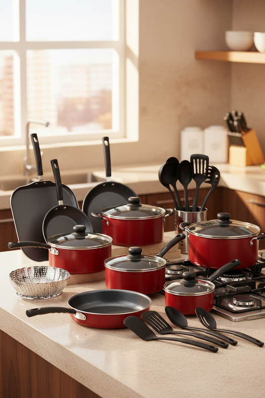 Tramontina PrimaWare 18-Piece Nonstick Cookware Set in Red on a warm family kitchen counter