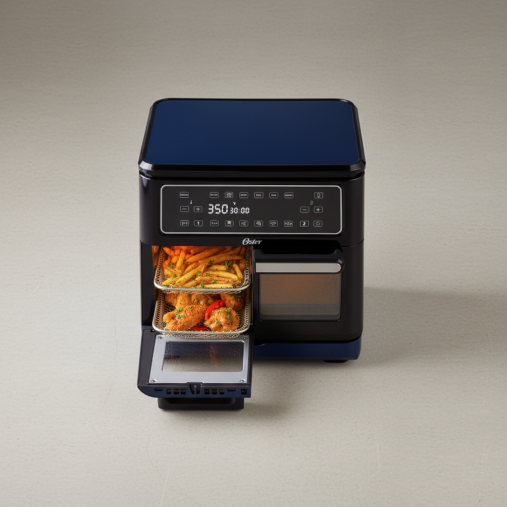 Oster 11-Quart Flex Air Fryer Oven in blue - top-down view on warm grey background