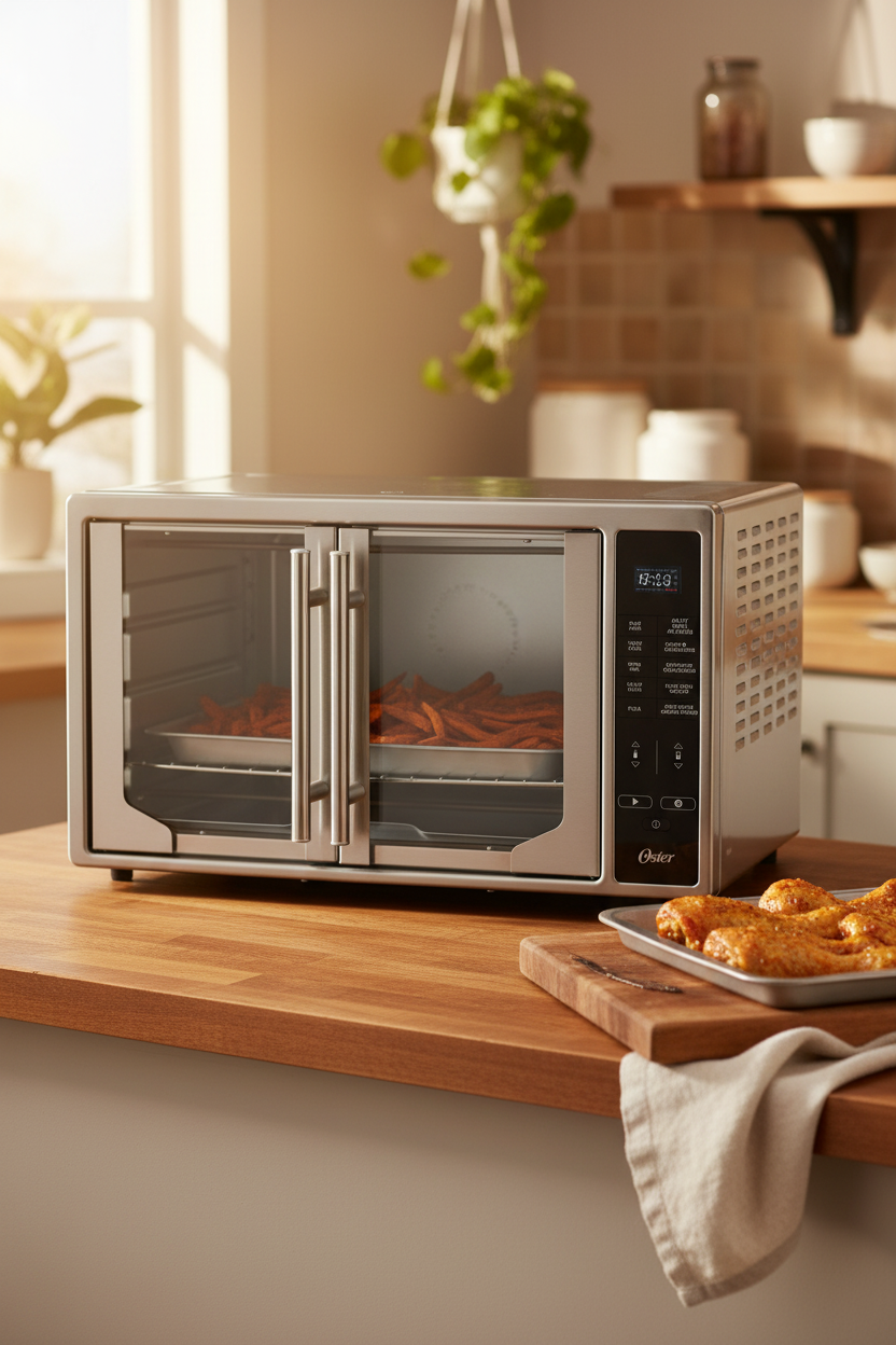 Oster Digital French Door Air Fry Countertop Oven on a warm family kitchen counter