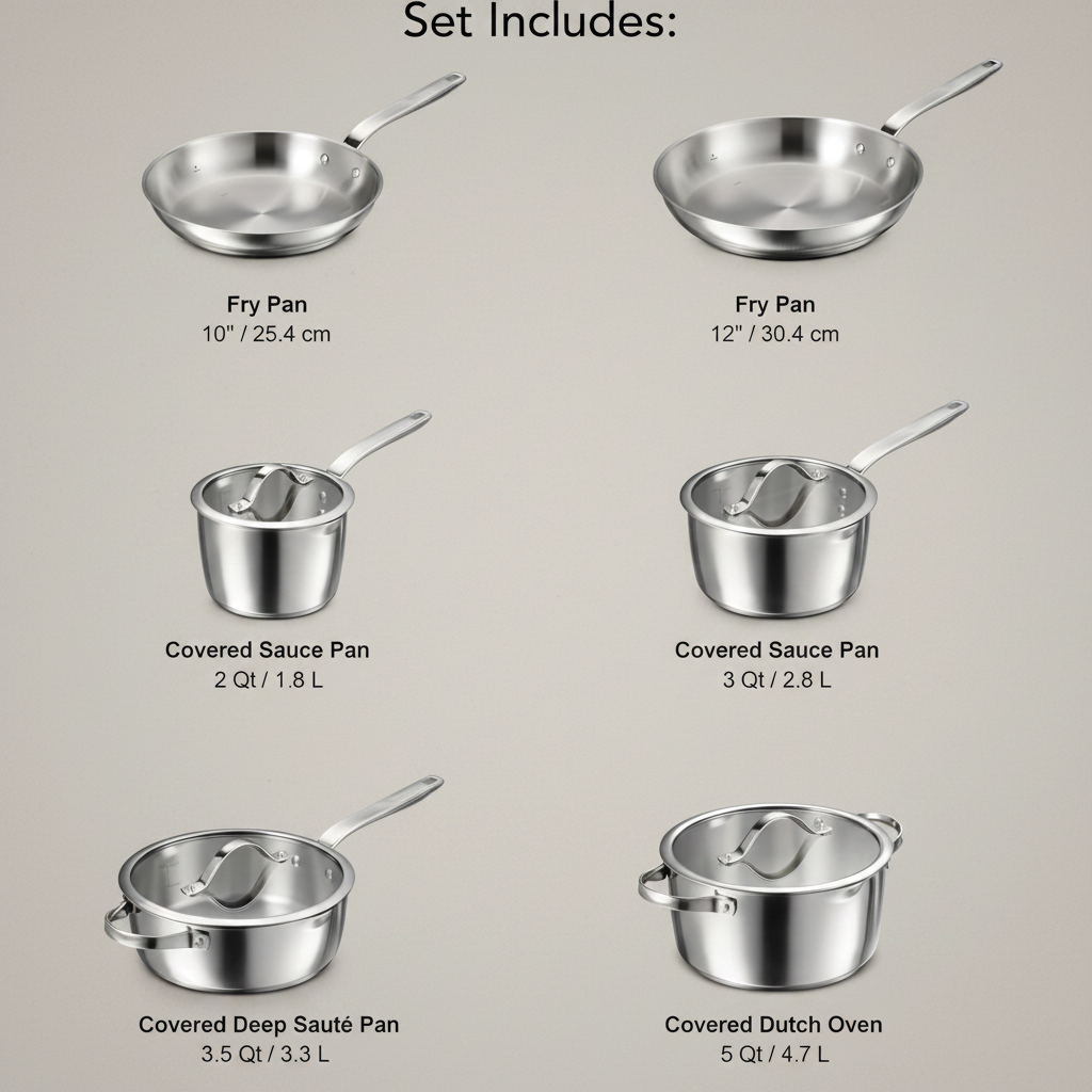 Tramontina Tempo Tri-Ply Base Stainless Steel 10-piece cookware set on warm grey background