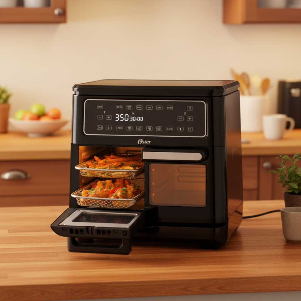 Oster 11-Quart Flex Air Fryer Oven in a warm family kitchen