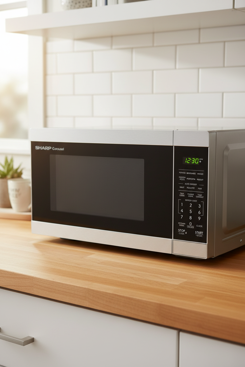 Sharp SMC0962KSC 0.9 cu ft Stainless Steel Carousel Countertop Microwave on a warm family kitchen or office break room counter