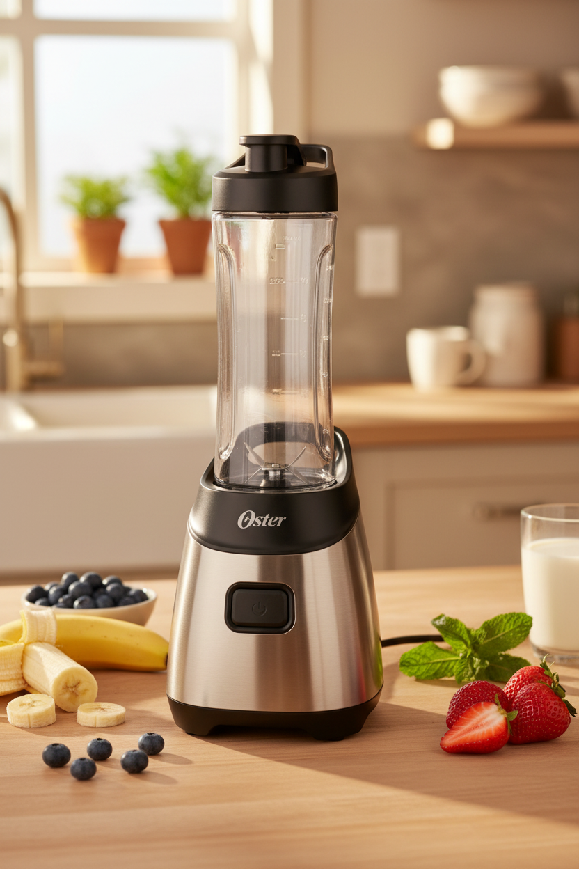 Oster MyBlend Plus Personal Blender on a warm family kitchen counter with fresh fruit nearby