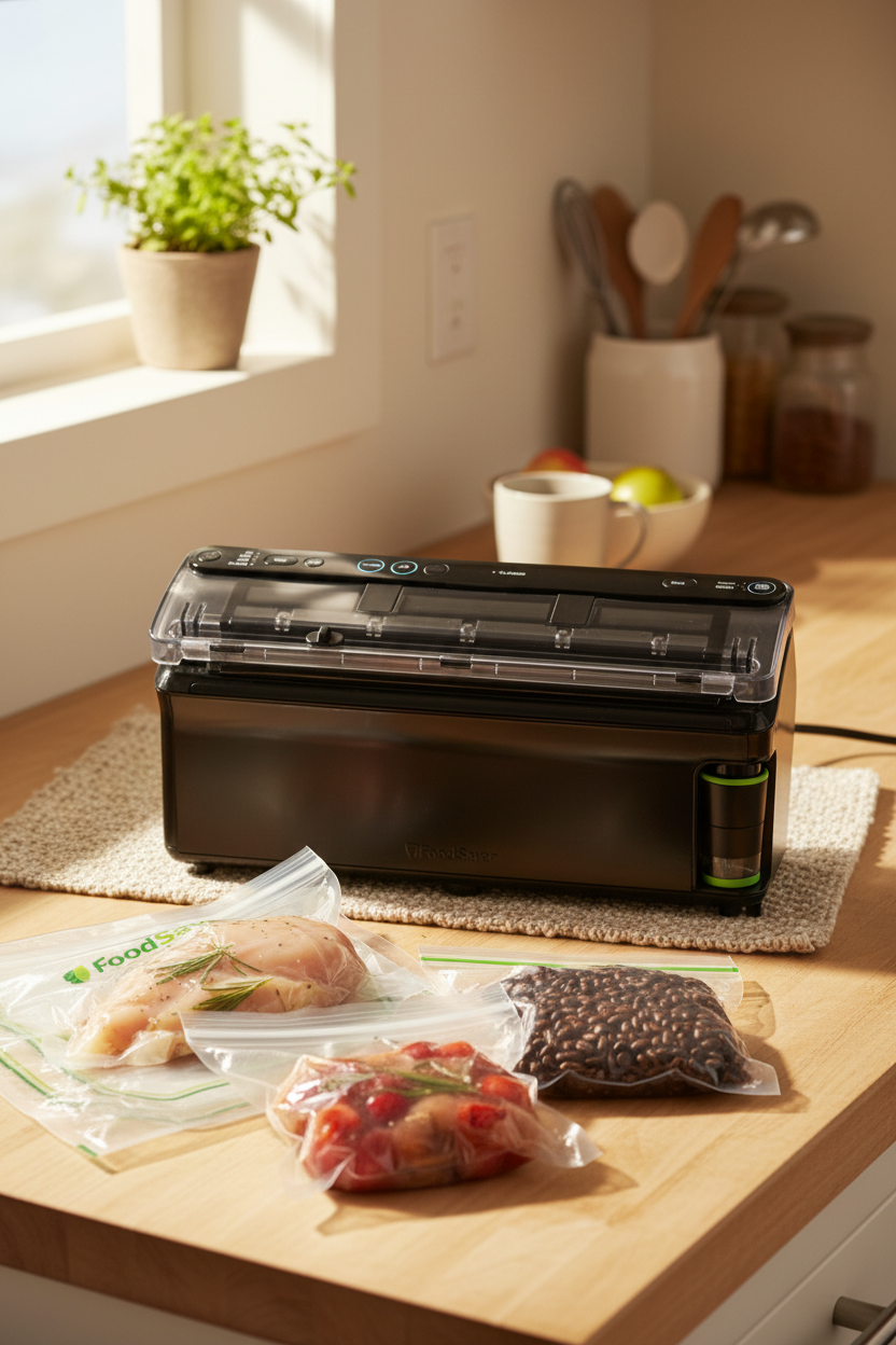 FoodSaver Elite All-in-One Liquid+ Vacuum Sealer on a warm family kitchen counter with vacuum sealed bags nearby