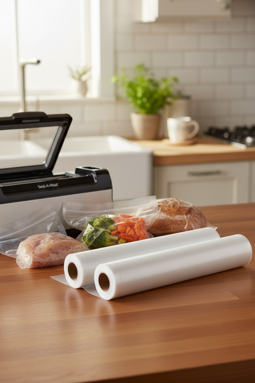 Seal-A-Meal Vacuum Sealer Rolls 11 inch 2-Pack on a warm family kitchen counter with vacuum sealed food bags nearby