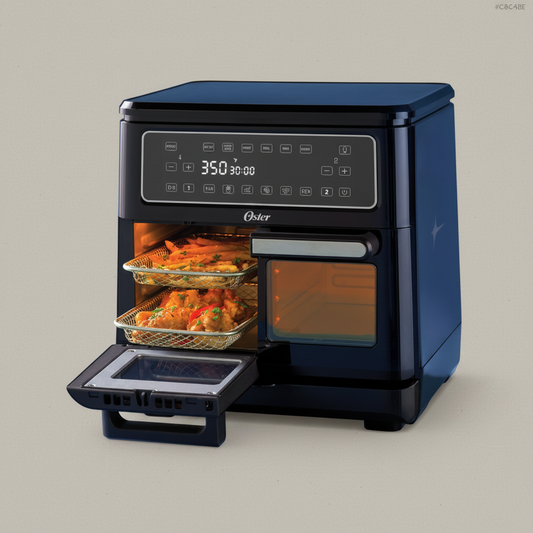 Oster 11-Quart Flex Air Fryer Oven in blue - front view on warm grey background