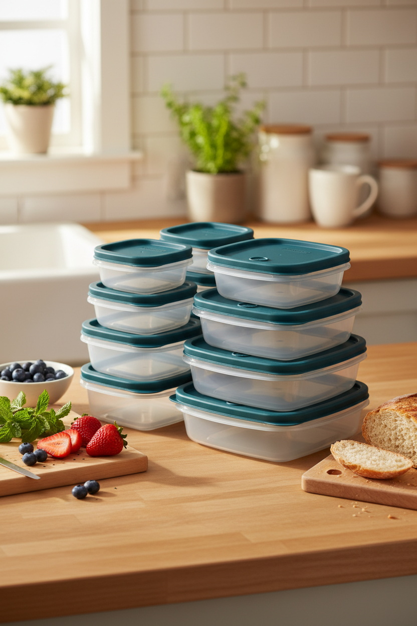 Rubbermaid 26-Piece Easy Find Lids Vented Food Storage Set in Blue Spruce on a warm family kitchen counter