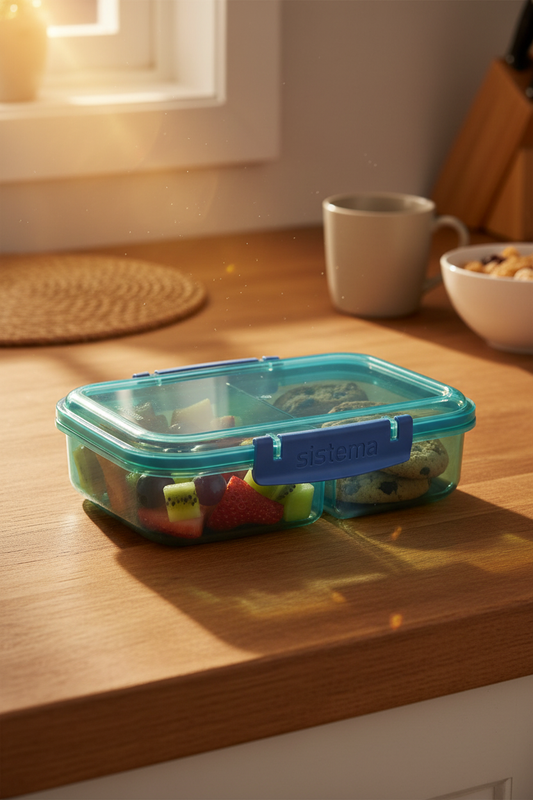 Sistema Ocean Bound Plastic Small Split Food Storage Container 350 mL in a warm kitchen setting
