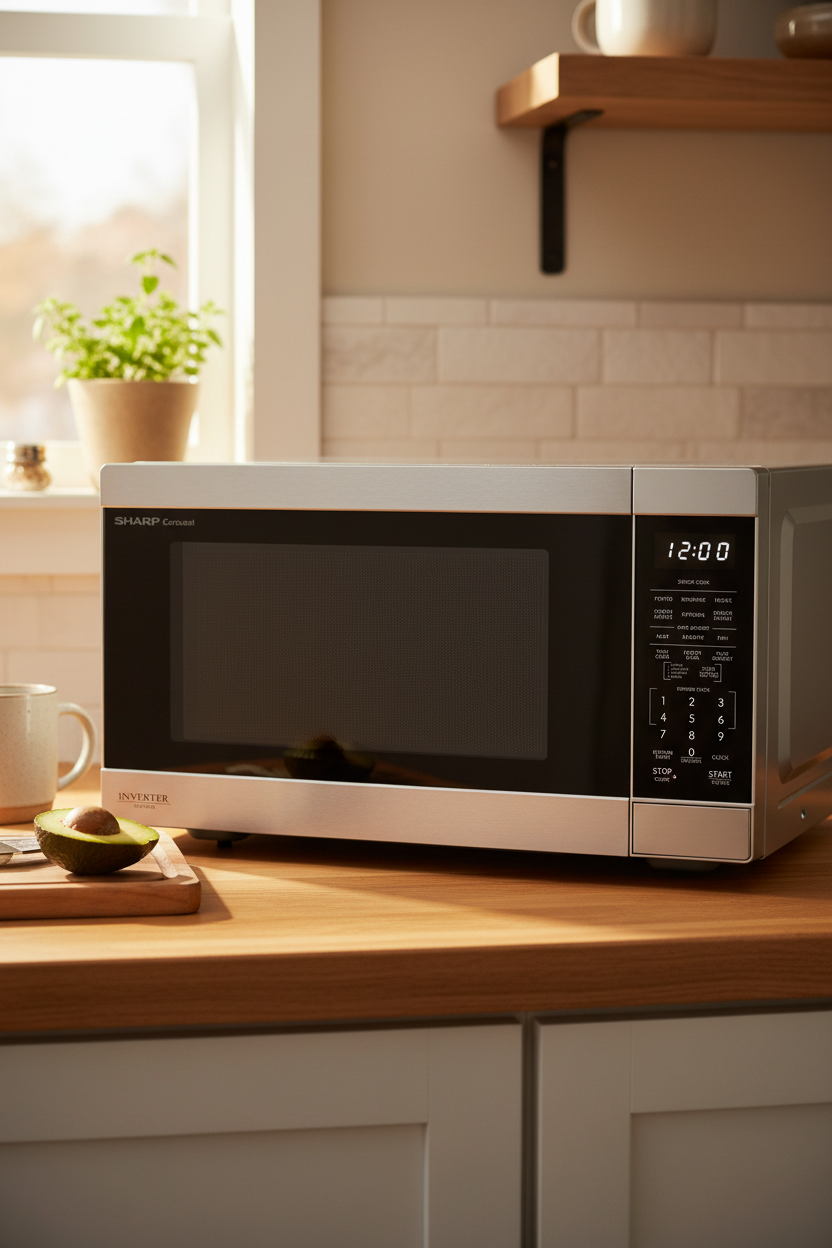 Sharp SMC1664KSC 1.6 cu ft Stainless Steel Carousel Microwave on a warm family kitchen counter
